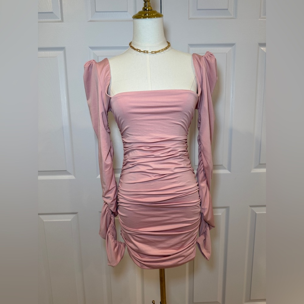 Oh Polly Blush Long Sleeve Ruched Dress